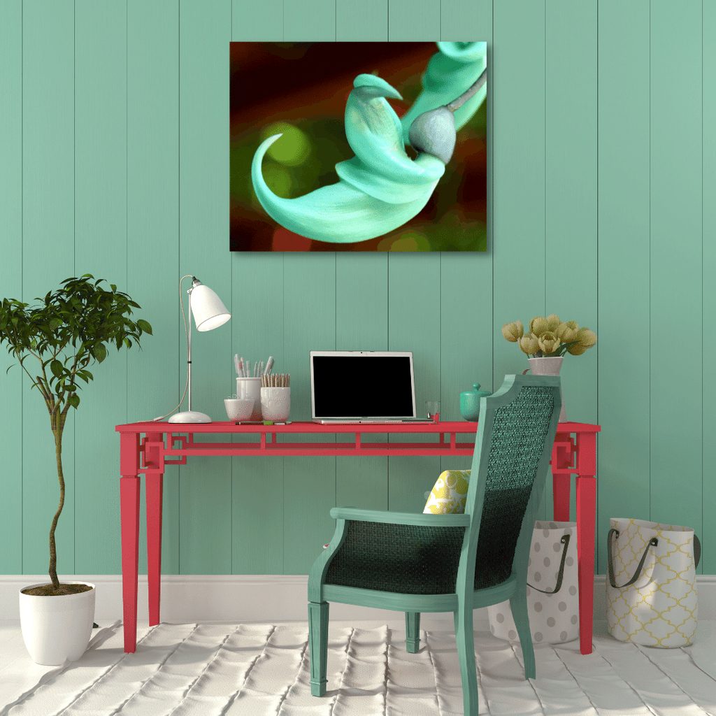 Jade flower in aqua green sit as wall art in this office space bringing harmony. The fine art photography of this tropical plant found in Cairns compliments the chair and wall colour.
