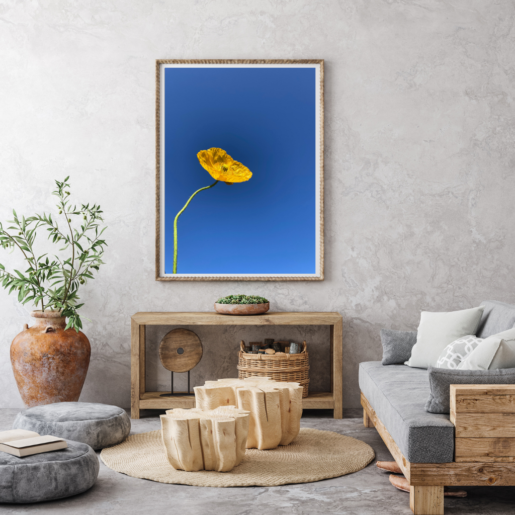 Hung on a wall of a lounge with woods and grey finishes is this Blue Background Yellow Flowers. Botanical Wall Art available in Giclée Archival Fine Art and Poster Art Prints. Photographed by Vicki K and produced in Australia. Redefine your home décor style through art and colour. The Home of mood defining collections of professionally photographed artwork.